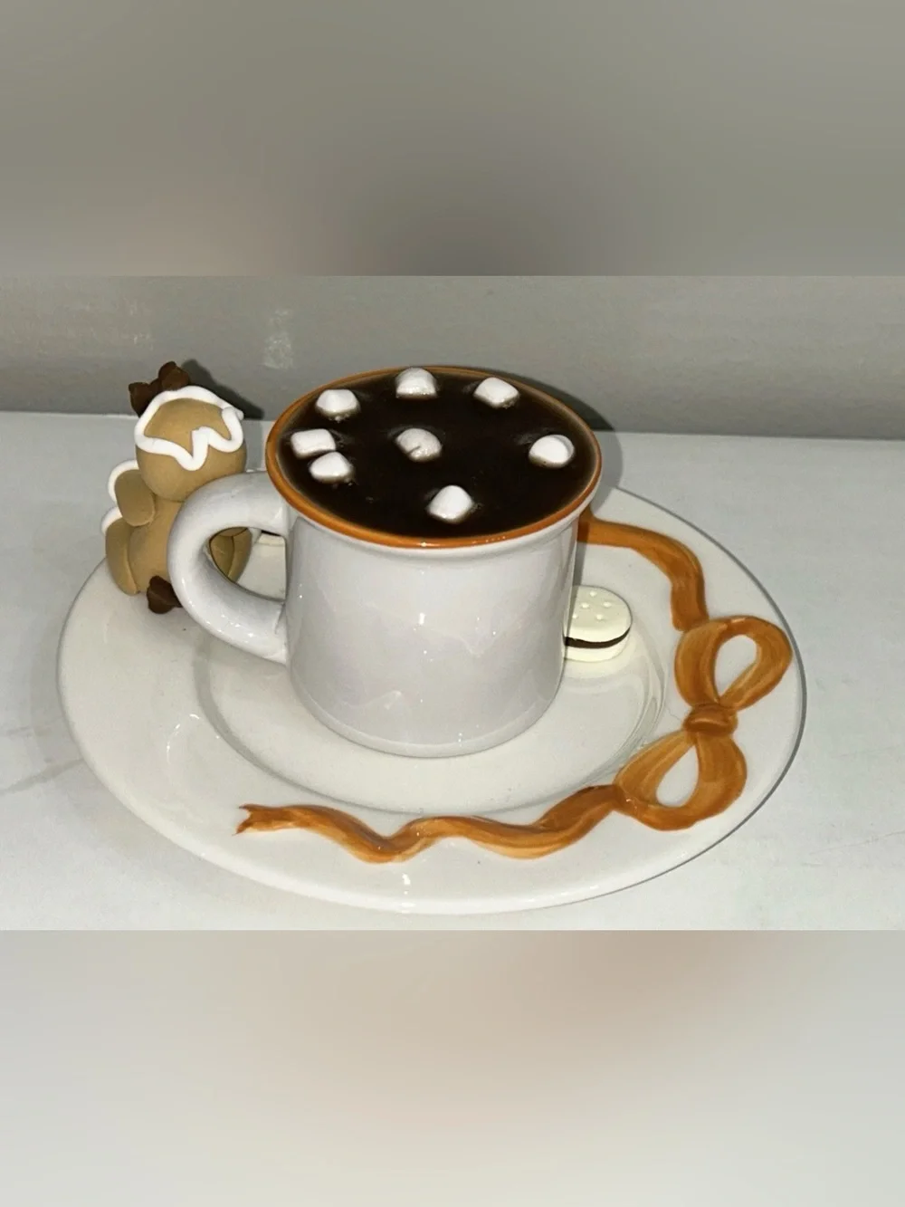 Fake Gingerbread Hot Cocoa & Cookies Ceramic Cup & Saucer Set Display Handmade